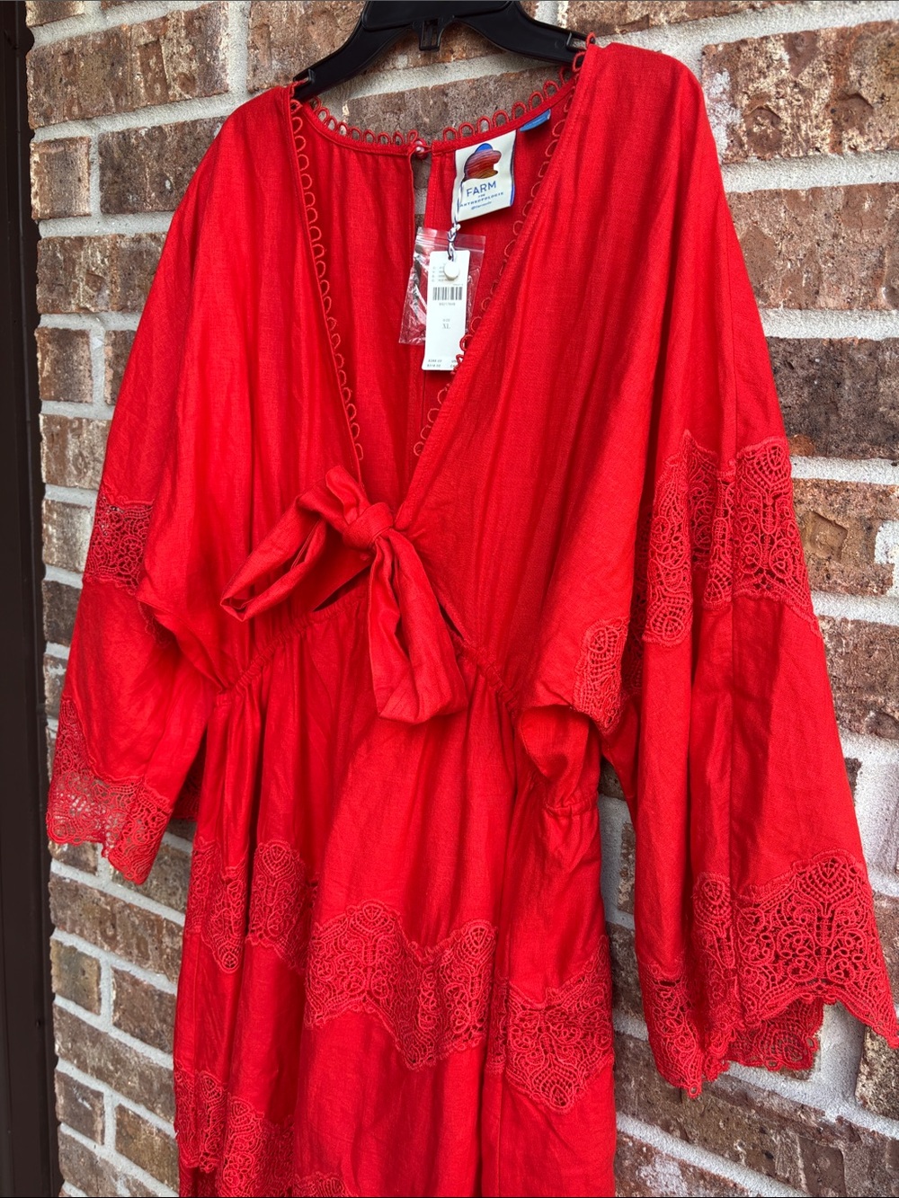 FARM Rio Red Mini Dress with Lace Trim tie front - Picture 3 of 10
